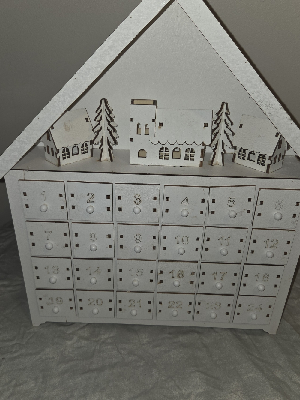 White Wooden Holiday Advent Calendar with Mini Village